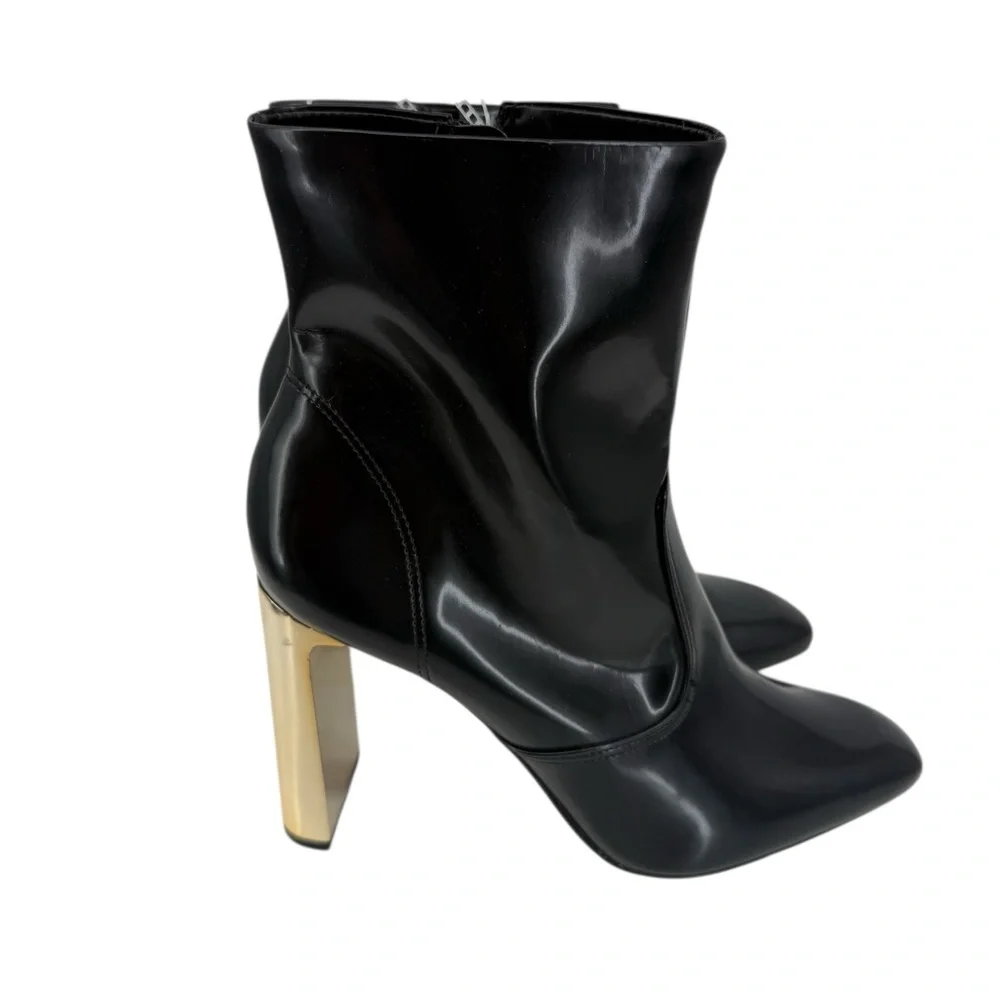 Gianni Bini Mavis Black Patent Ankle Boots Gold Block Heel Pointed Toe Size 8.5